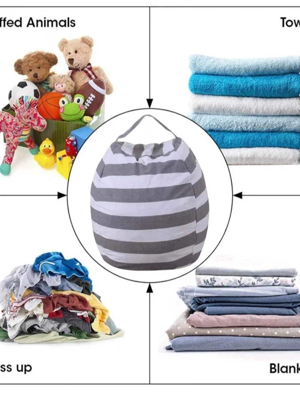 Striped Gray & White Cotton Storage Bean Bag Chair- set of 2